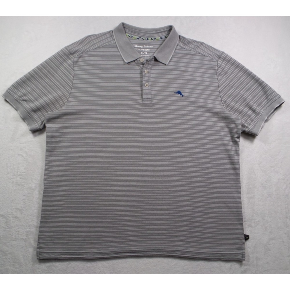 Tommy Bahama Shirt Mens Size XL‎ Gray Striped Polo IslandZone Short Sleeve